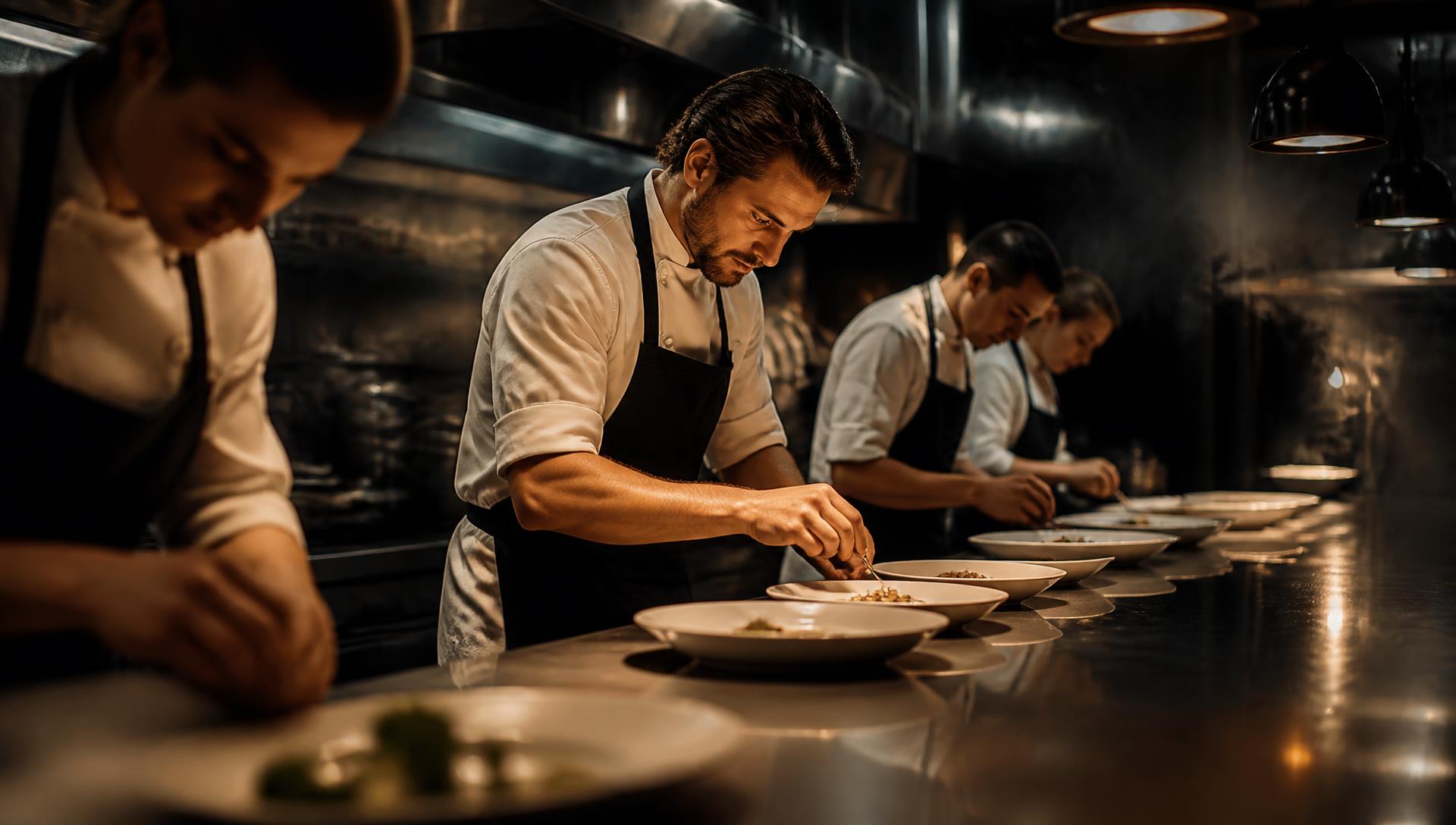 Brigada de chefs trabajando en una cocina profesional moderna